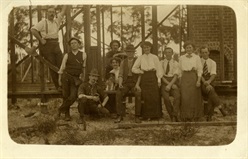 A working bee during the building of the Fletcher's house at 97 Raleigh Street, Carlisle. Thomas Henry Fletcher in the front holding hammer.