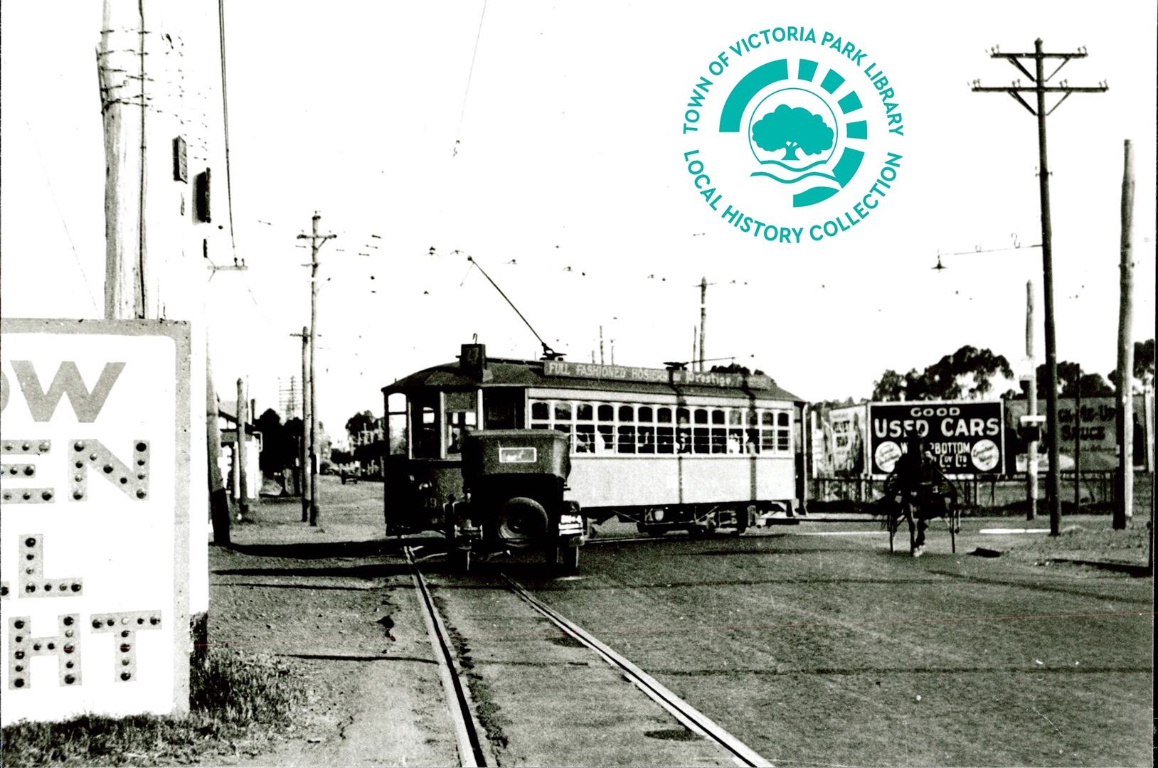 PH00016-01 (PH90006) Tram on Route 27, likely turning onto Fremantle Rd (now Canning Hwy), after crossing The Causeway, c 1925 Image