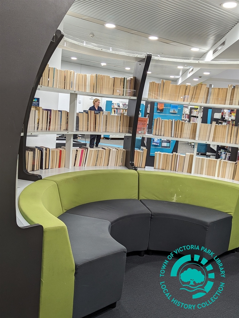 PH00051-06 Inside the curved shelving of the Young Adult Collection, showing the curved seating. Town of Victoria Park Library Image