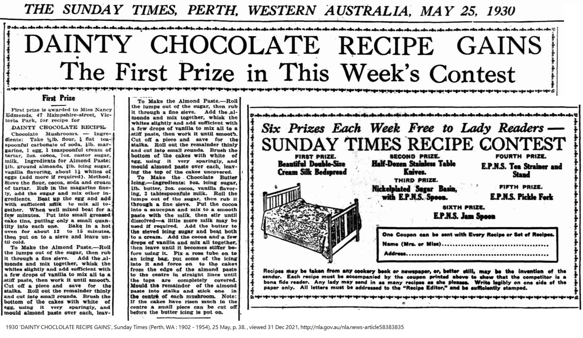 ‘Dainty Chocolate Recipe’, The Sunday Times, 25 May 1930, p. 38. Image