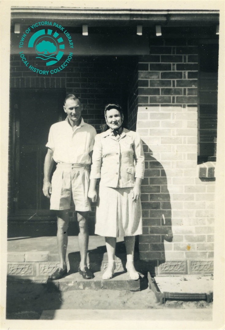 PH00044-08 Bill Holmes and wife Jessie Ann Kinnear Holmes (née Dargie) at the back door of 28 Star Street, Carlisle, c. 1950 Image