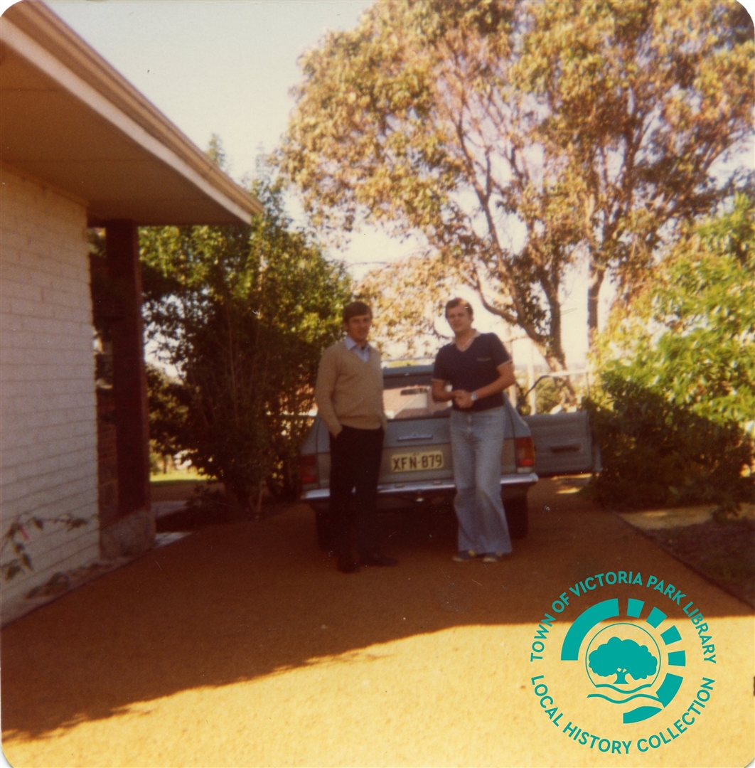 PH00045-04 Michael and Paul Newman in the driveway at 16 Whittlesford Street with one a new car, circa 1975-1985 Image