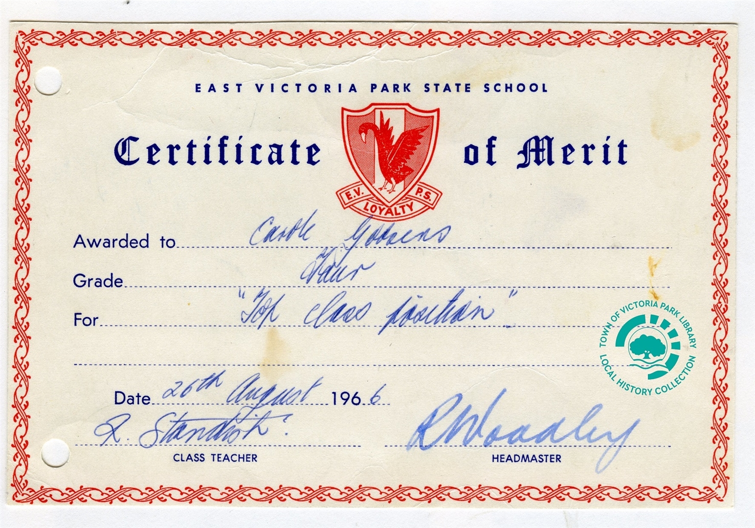 PH00046-02 East Victoria Park State School Certificate of Merit, 26 August 1966 Image